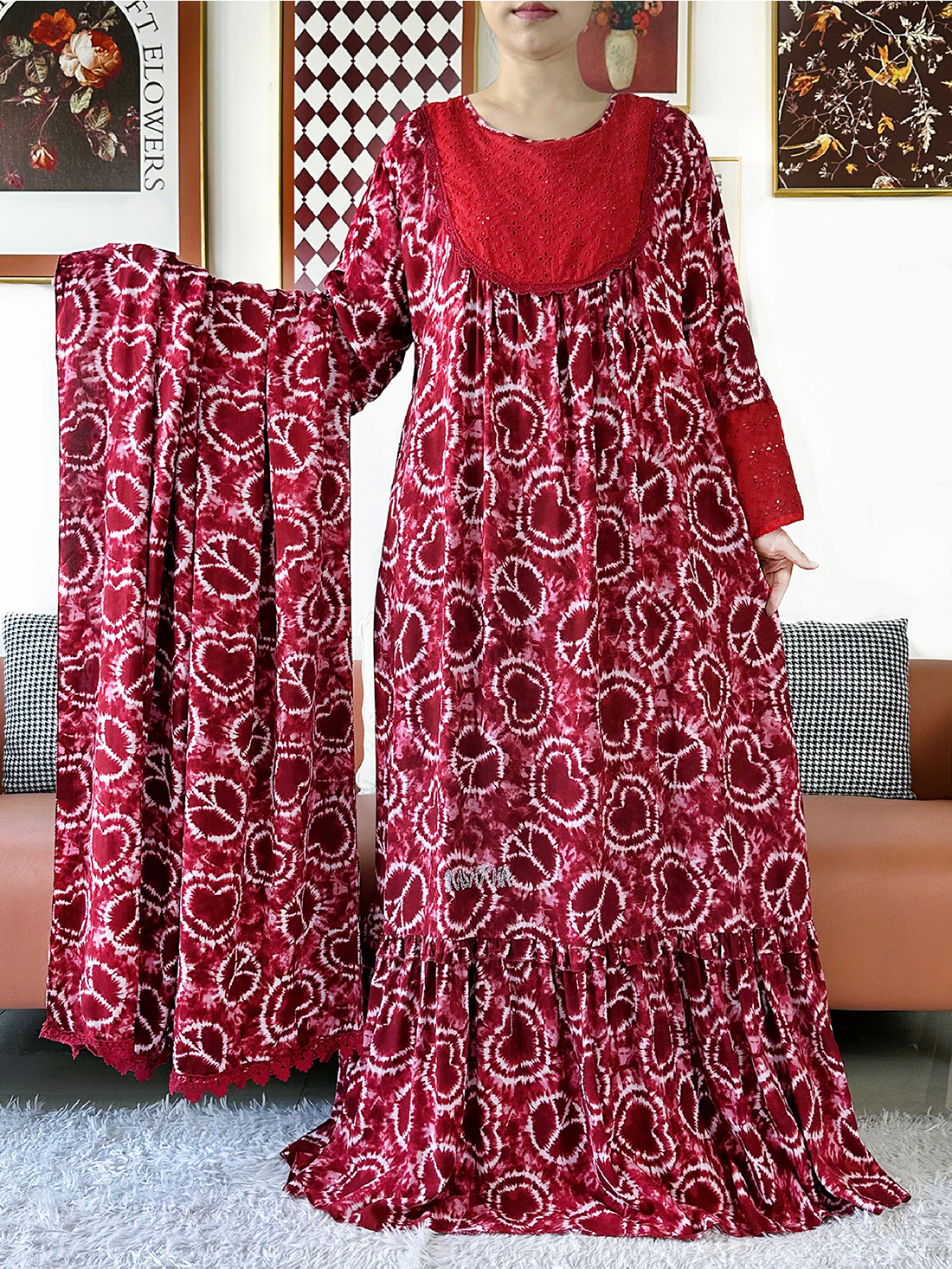 Robe ample musulmane Ramadan 2026 style africain Boubou KASHKHA en dentelle et coton brodé avec grand foulard brodé – Robe longue