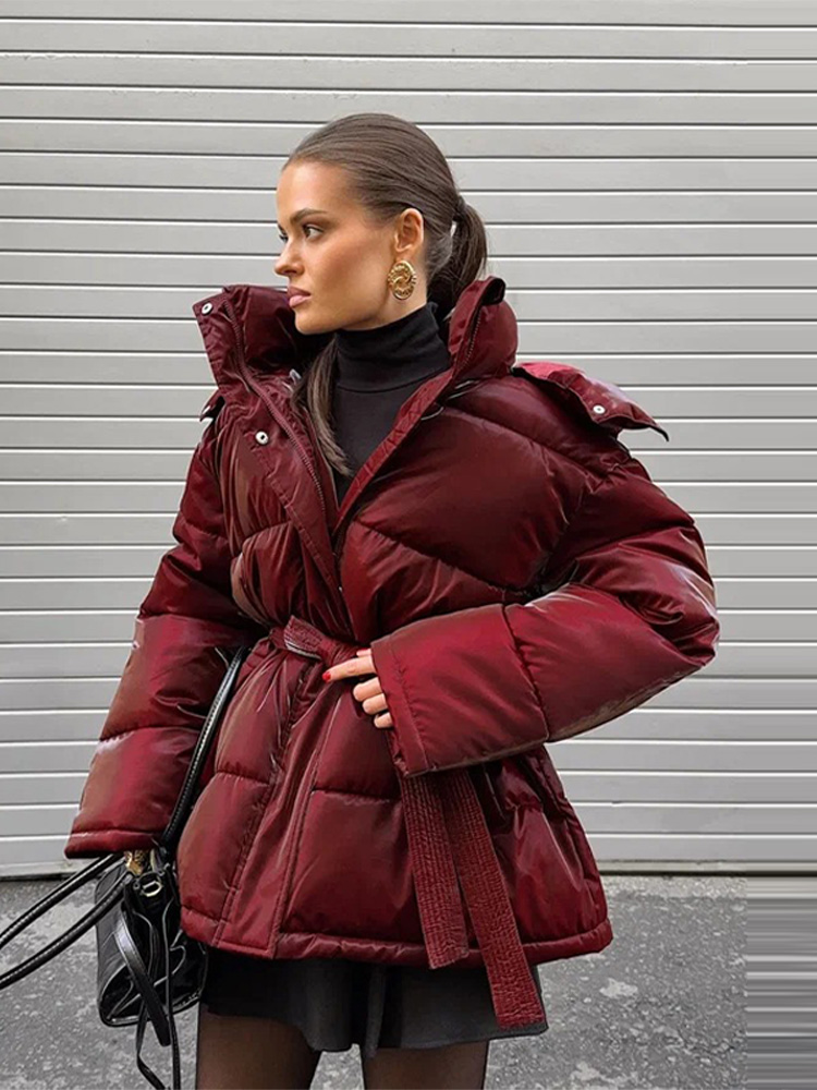 Doudoune brillante et élégante pour femme, à capuche, ceinture définie, poches épaisses, manteaux à manches longues, veste d'hiver pour femme