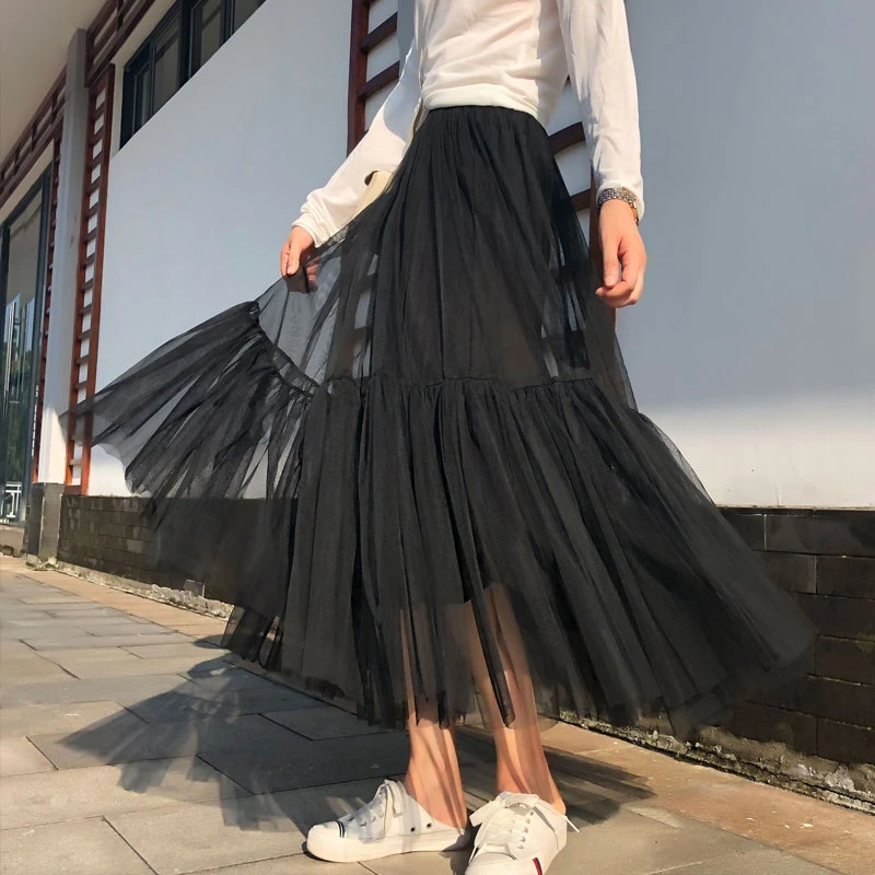 Vintage gothique noir blanc plissé longue Tulle Jupe Tutu Femme taille haute vacances piste maille jupes femmes 2024 Jupe décontracté