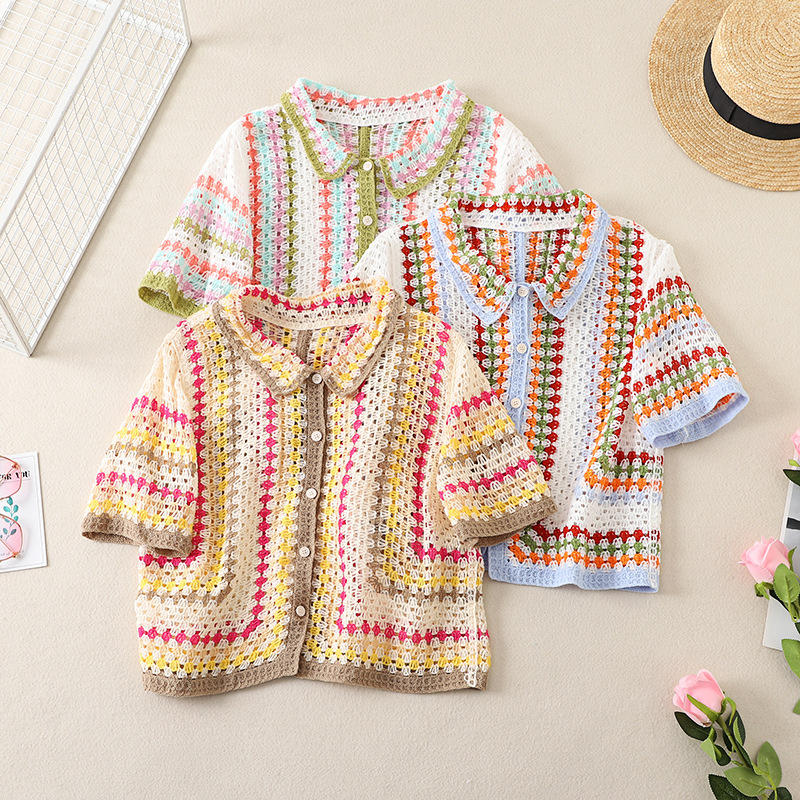 Chemise en crochet boutonnée pour femmes, manches courtes, chemisier coloré, tricot ouvert, cache-maillot, printemps été 2026, style bohème, festival