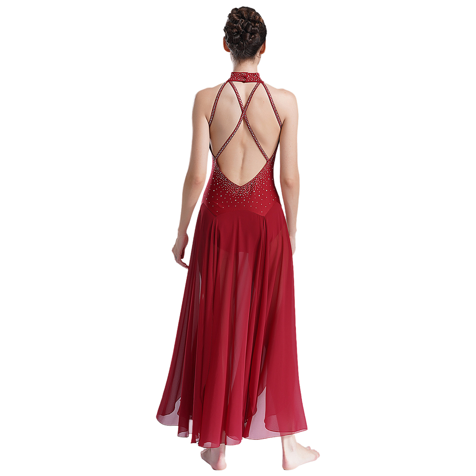 Robe de danse lyrique pour femme, tenue de danse moderne et contemporaine, dos nu à bretelles, ornée de strass, fendue, pour spectacle et compétition