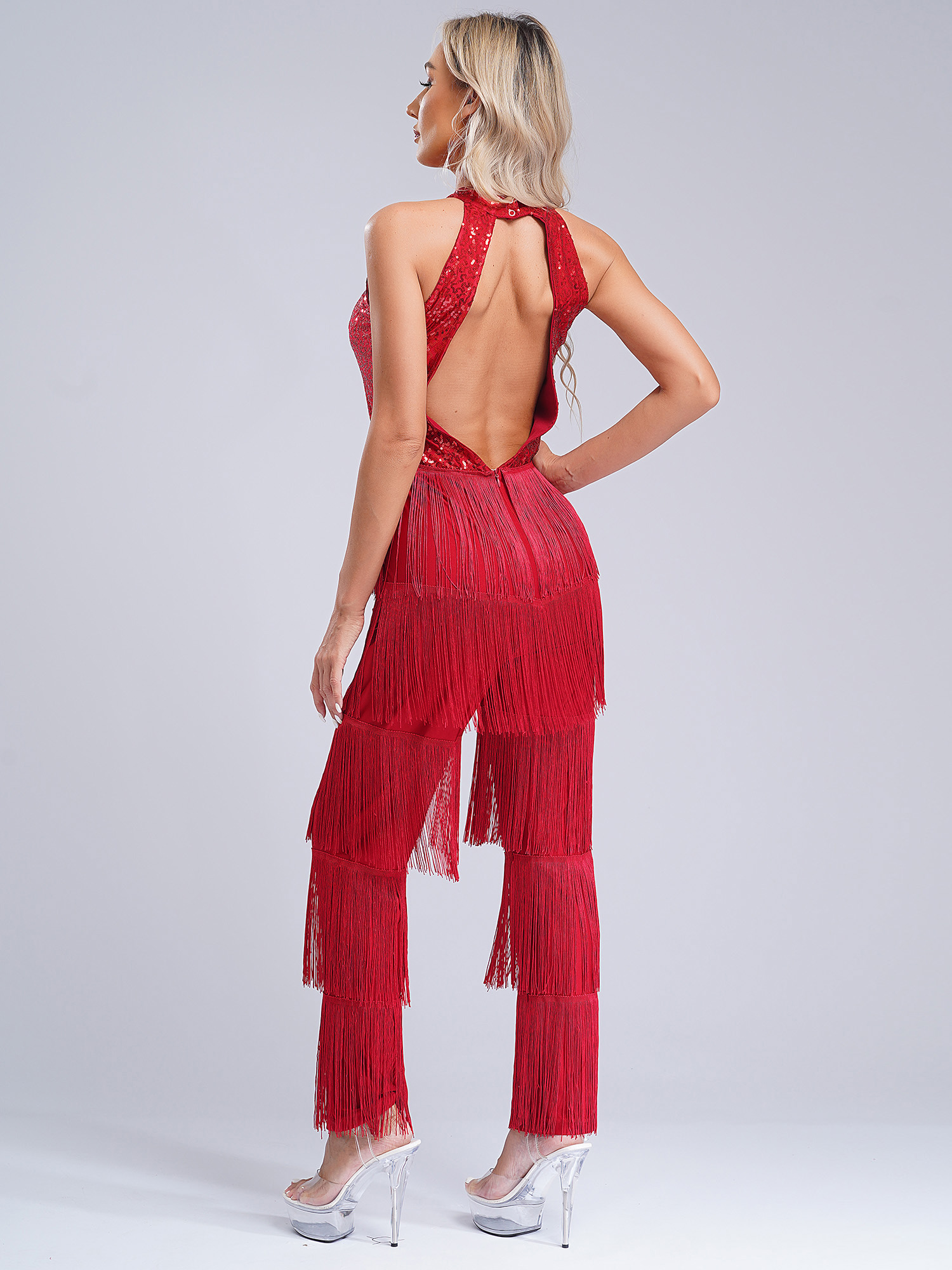 Combinaison de danse latine à franges pour femmes, robe de danse salsa, robes de danse tango samba rumba, paillettes sexy, barboteuses à pompons à plusieurs niveaux