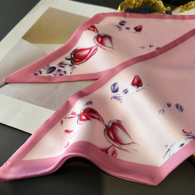 Châle de luxe à motif de fleurs roses pour femmes, longue et étroite, sensation de soie, petit foulard en soie, bandeau Double face, accessoires