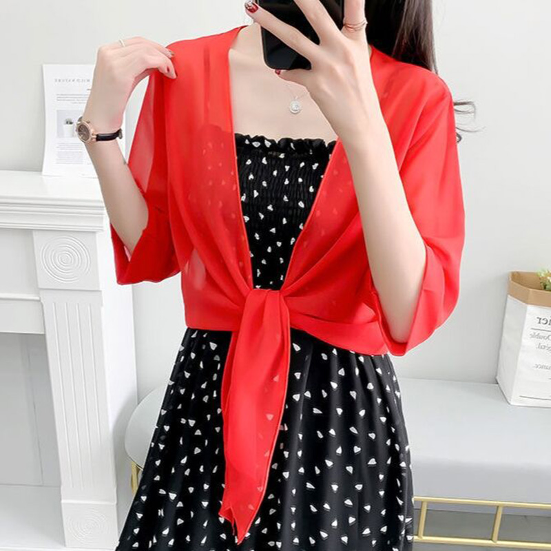 Cardigan en mousseline de soie transparente pour femme, châle d'été, couleur unie, pour protection du cou, écharpe en soie, R13