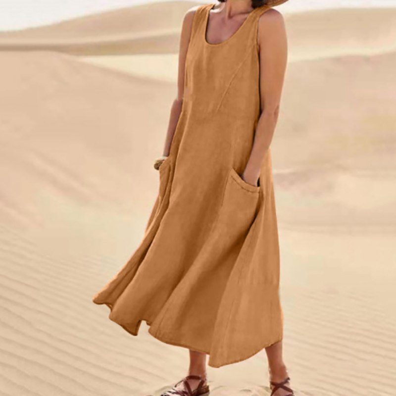 Robe longue décontractée d'été pour femme, style vintage Harajuku, sans manches, coupe trapèze, en coton et lin, couleur unie, col rond, avec poches, coupe ample