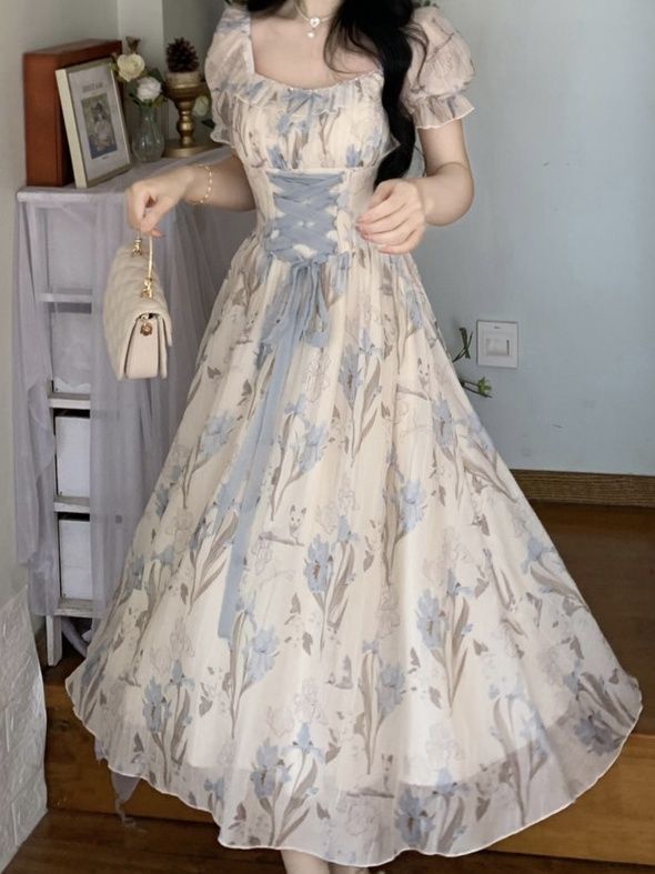 Robe midi vintage à imprimé floral pour femme, manches bouffantes, col lacé, taille corset, robe trapèze élégante de style français pour soirée