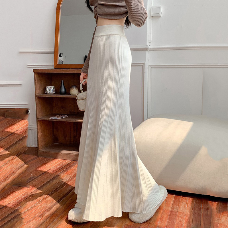 Jupe longue en tricot enveloppé de hanches pour femmes, Sexy, élégante, élastique, taille haute, style sirène, plissée, ligne A, jupe mi-longue pour dames