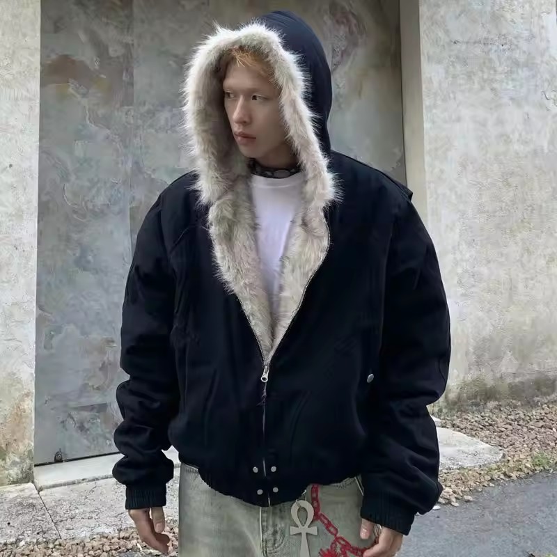 Vêtements chauds d'hiver pour hommes et femmes, manteau rétro Simple en peluche, vêtements de sport, nouvelle veste ample en coton à capuche, Punk, col en fourrure, veste pour Couple
