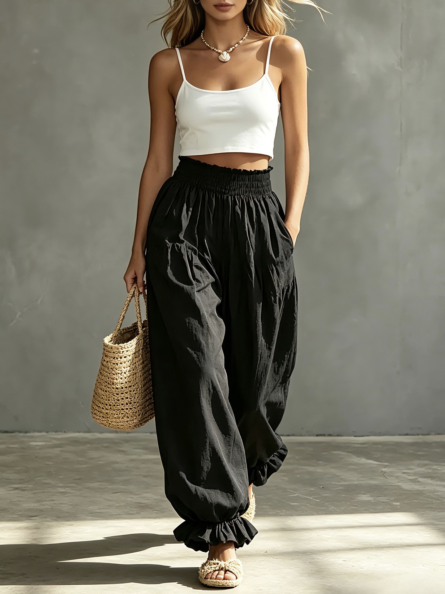 Pantalon Harem Femme Taille Haute à Ourlet Volanté, Taille Élastique, Coupe Ample et Décontractée, Idéal pour les Vacances, Jambe Large, Style Lanterne, Plusieurs Couleurs