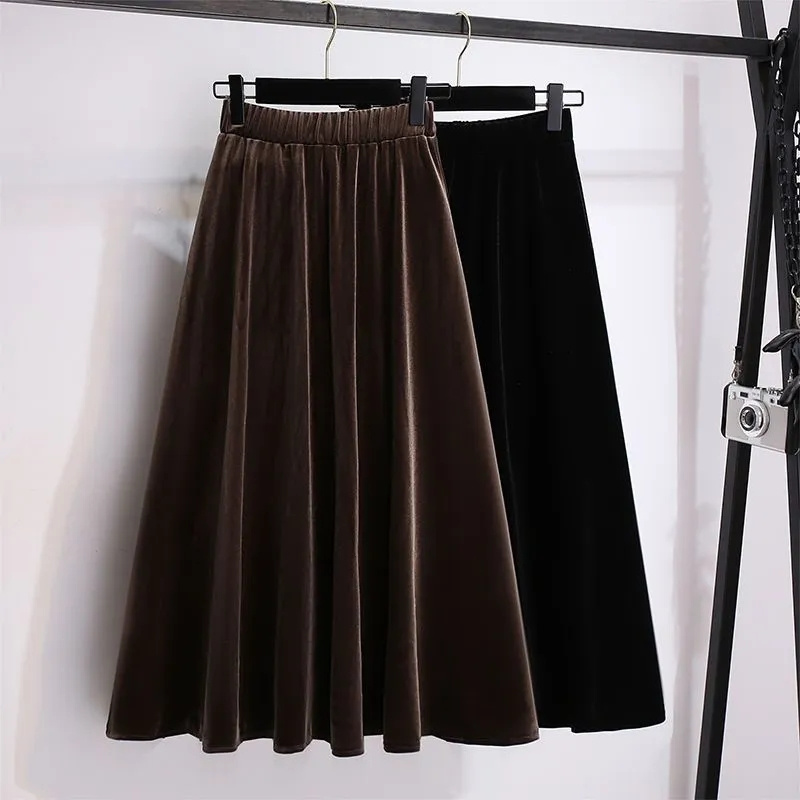 Femmes grande taille 4XL a-ligne jupes longues automne hiver dames taille haute jupe nouvelle femme doré velours Maxi jupe