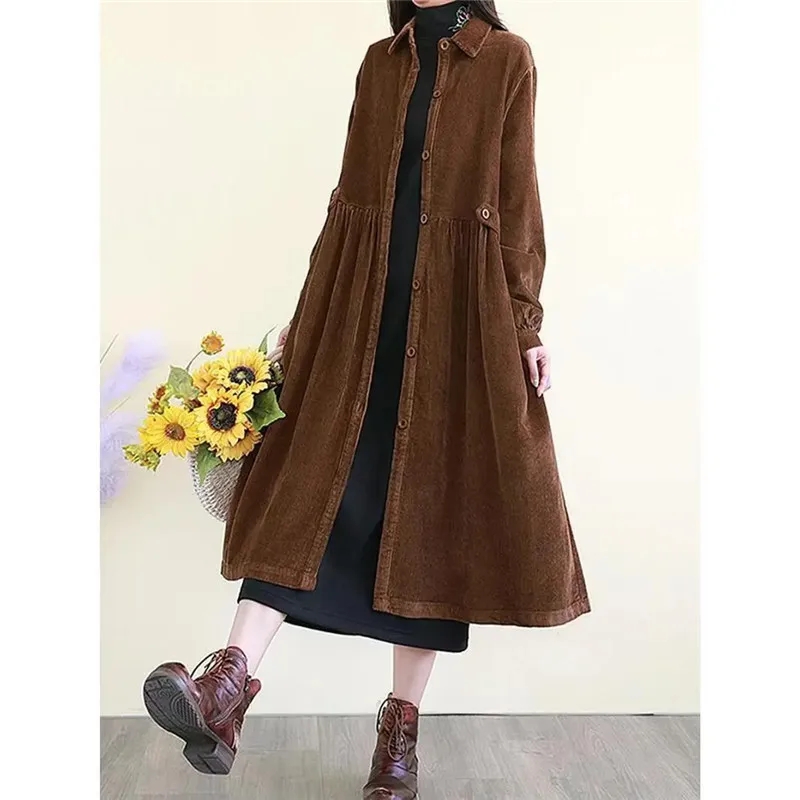 Coupe-vent en velours côtelé mi-long pour femme, manteau Amincissant, décontracté, automne, printemps, hiver, mode, 2024