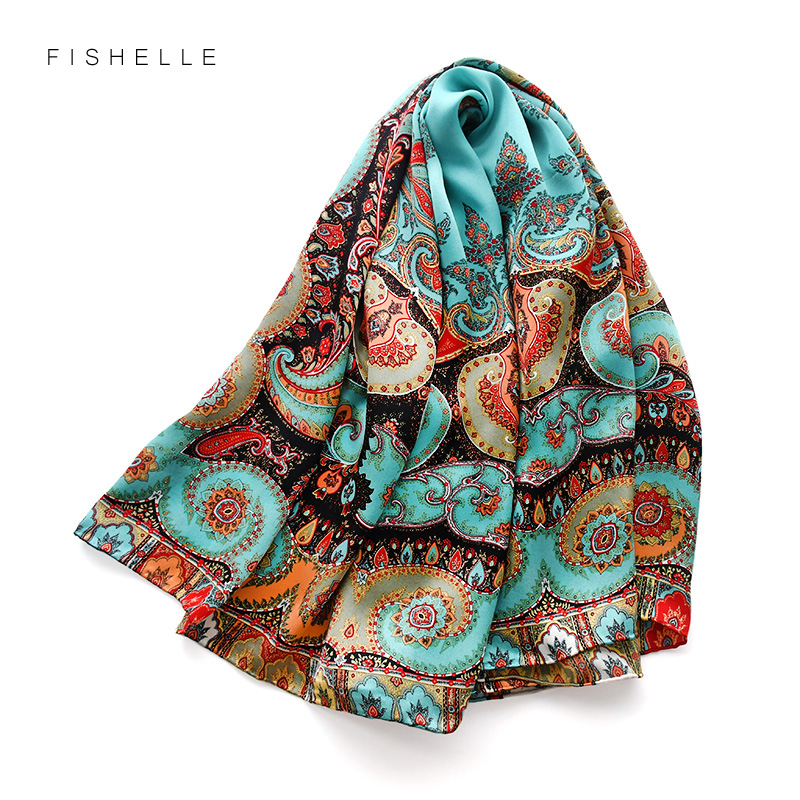 Écharpe en soie satinée naturelle bleu paon 110 cm, grand bandana carré imprimé, 100% soie pure, écharpe de luxe pour femme, cadeau pour dame.