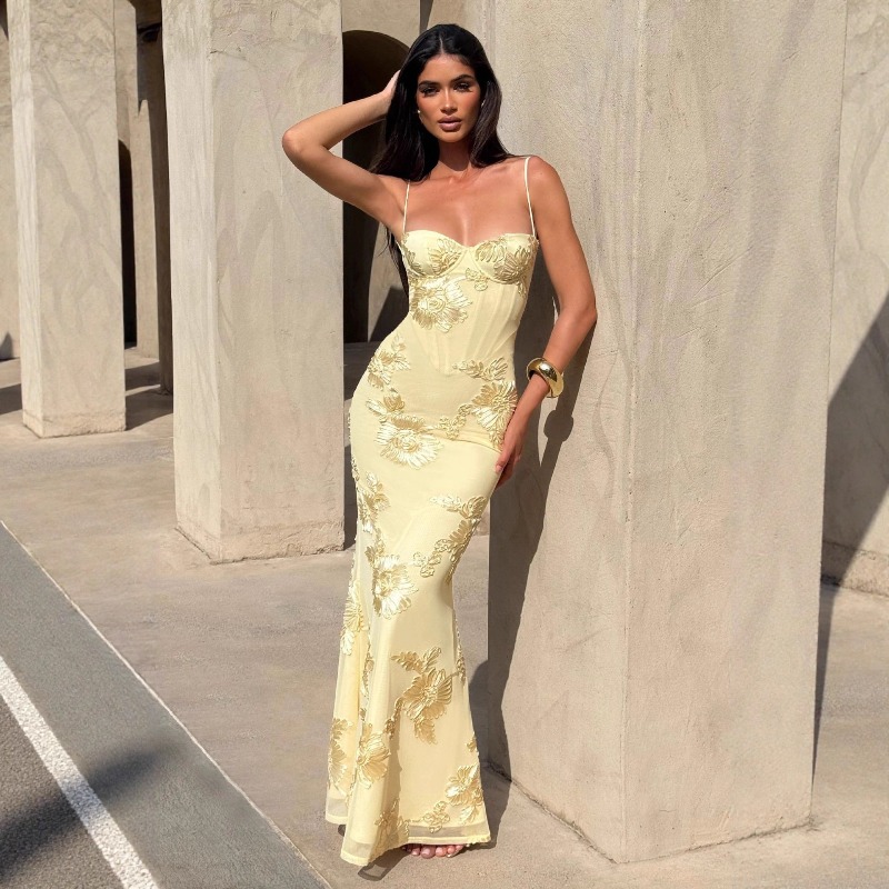 Robe de soirée sirène élégante et luxueuse à imprimé floral, dos nu en maille, avec corset et liens, coupe ajustée, longueur maxi