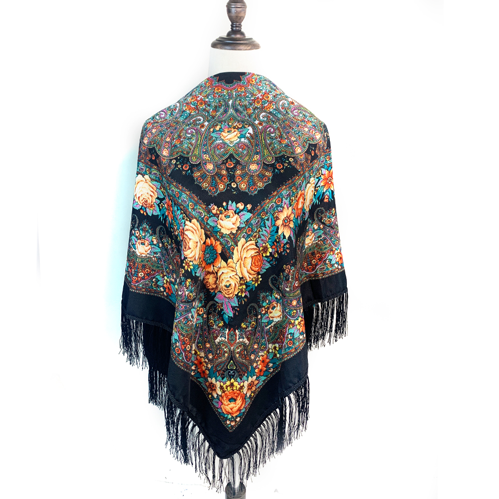 Châle ukrainien à franges imprimé Floral de luxe pour femmes, écharpe carrée nationale russe, mouchoir Babushka, enveloppe de tête, 130x130cm