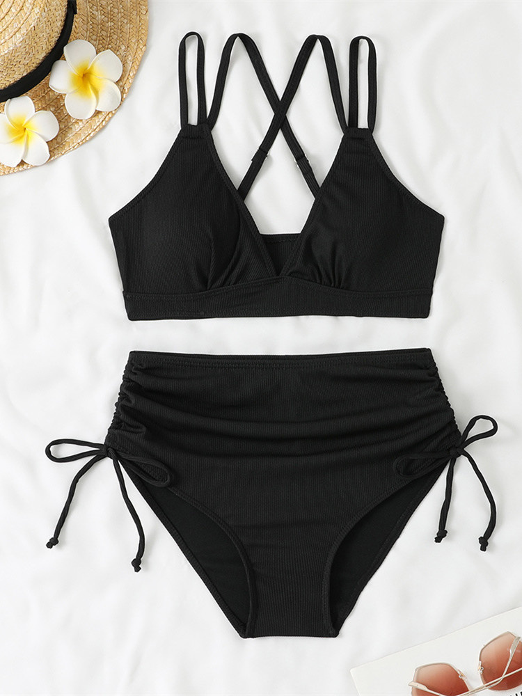 Maillot de bain deux pièces pour femme noir à double bretelle, push-up, plissé, avec cordon de serrage latéral, taille haute, bikini 2026, tenue de plage
