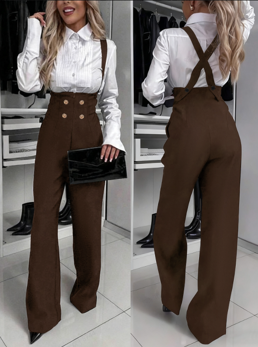 Pantalon large marron taille haute pour femme, avec bretelles croisées au dos, boutons double boutonnage, style salopette, décontracté chic