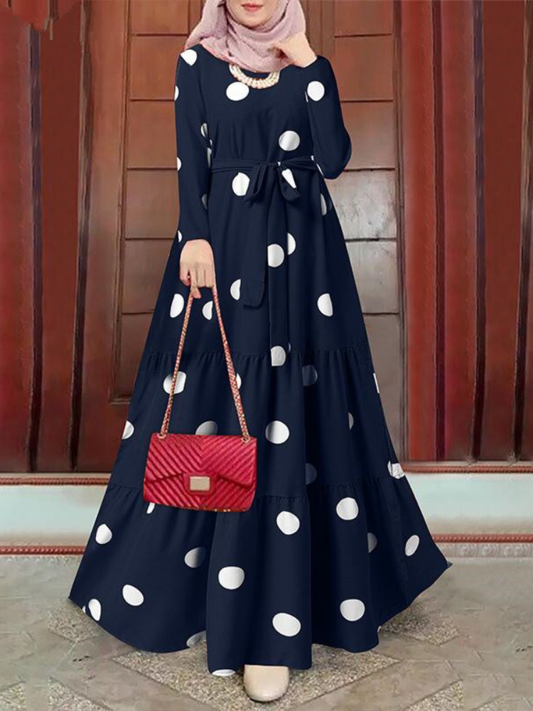 Abaya-Robe musulmane à manches longues et col rond pour femme, caftan décontracté avec ceinture imprimée épissée, Dubaï, Ramadan, Maroc, Eid