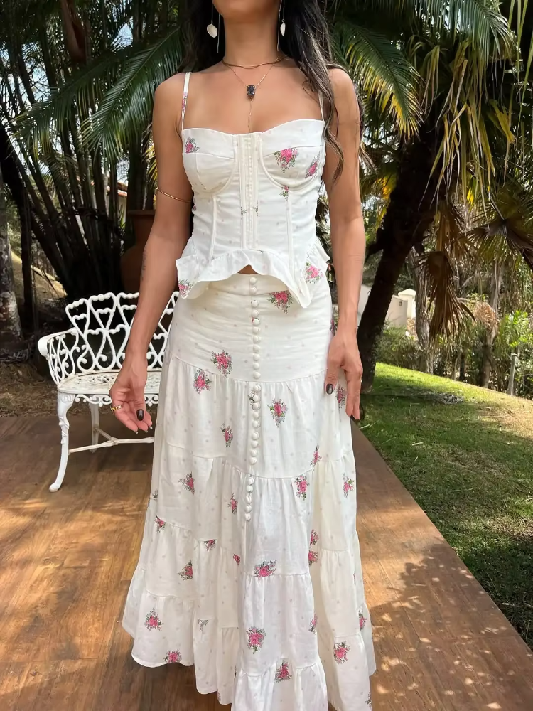 Ensemble 2 pièces pour femme, imprimé floral bleu, haut corset camisole, jupe longue à volants, robe d'été à bretelles, style bohème, pour les vacances à la plage