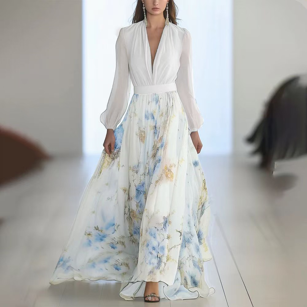 Robe Maxi élégante à manches longues pour femmes, mode d'été, Slim, imprimé Floral, col en v, robes longues blanches décontractées, 2025
