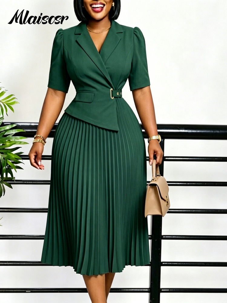Robe blazer élégante bleu clair pour femme, à manches courtes, ceinturée, plissée, longueur midi, idéale pour le travail, les fêtes, les anniversaires et les bals africains