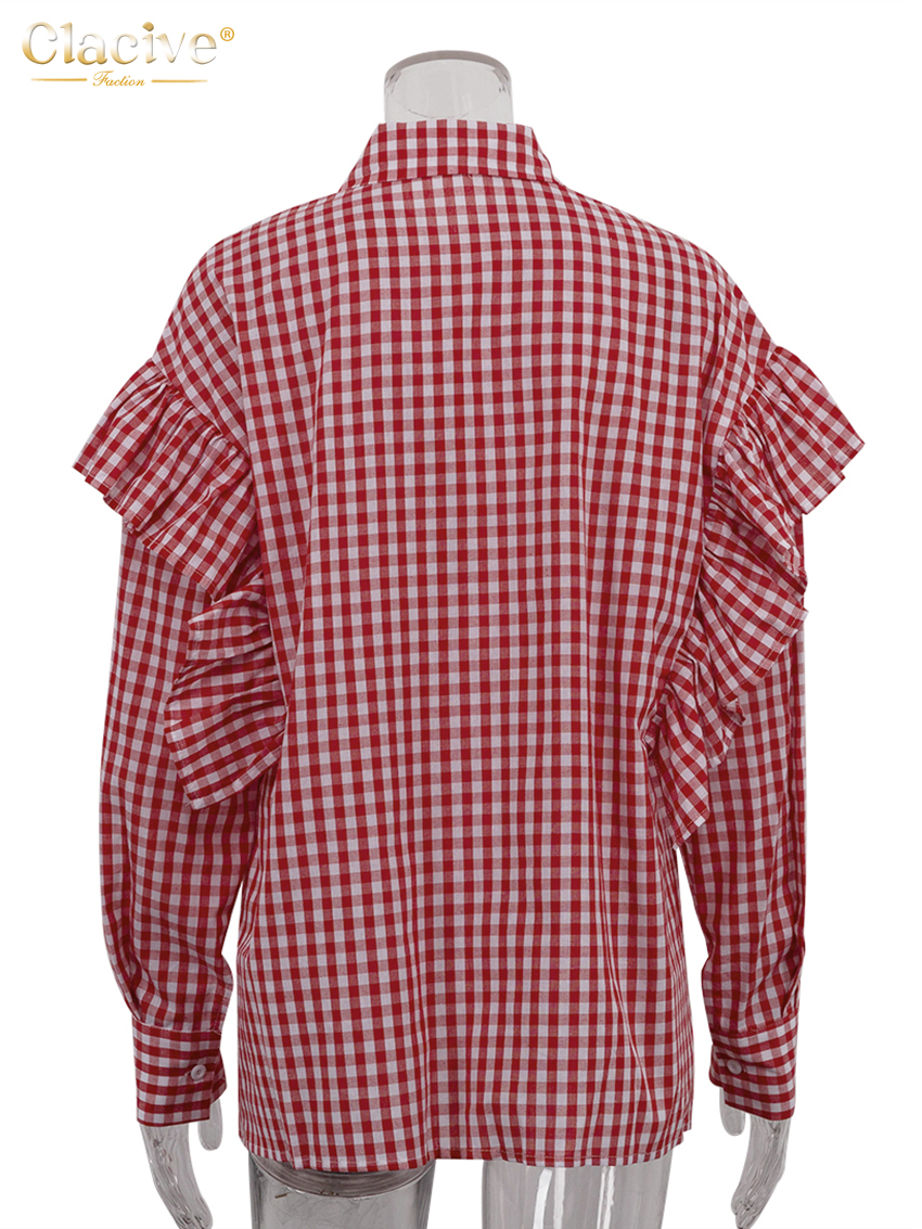 ClacMarkets-Chemisier en coton à carreaux pour femmes, chemises à manches longues à revers, haut à volants classique élégant, vêtements pour femmes, mode 2024