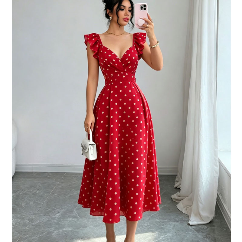 Nouvelles robes d'été sans manches pour femmes, col en V, robe slim à pois avec lacets, robe trapèze, Vestidos De Verano Mujer