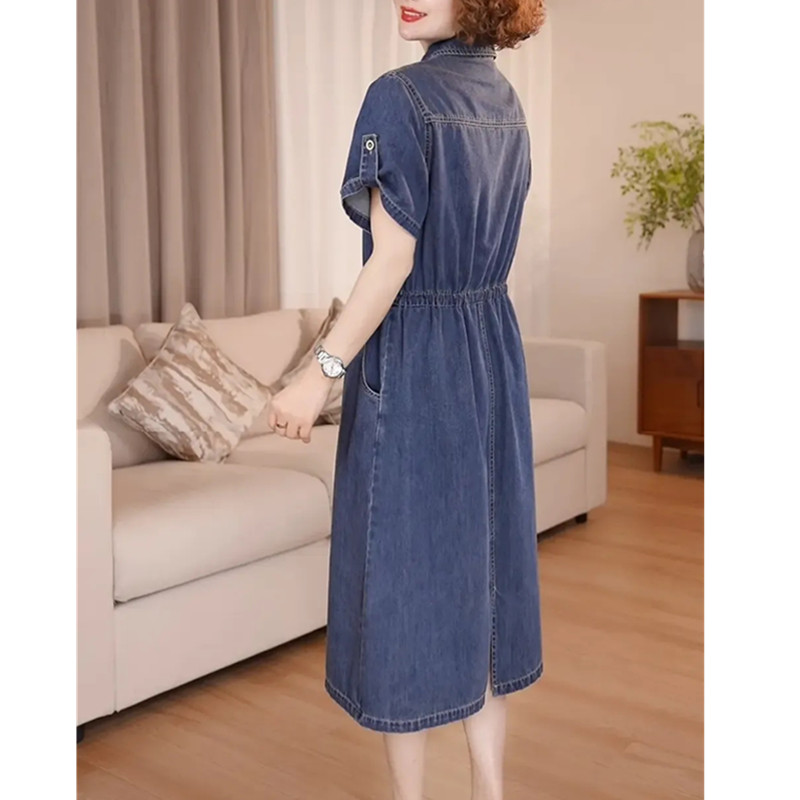 Robe en jean pour femme, nouvelle collection été 2026, à manches courtes, simple boutonnage, coupe ajustée, élégante et décontractée, avec poches