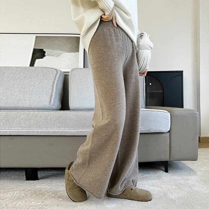 Pantalon décontracté en pure laine tricotée pour femme, nouvelle collection automne/hiver 2026, uni, taille haute, ample, chaud, à ourlet, jambe large, long