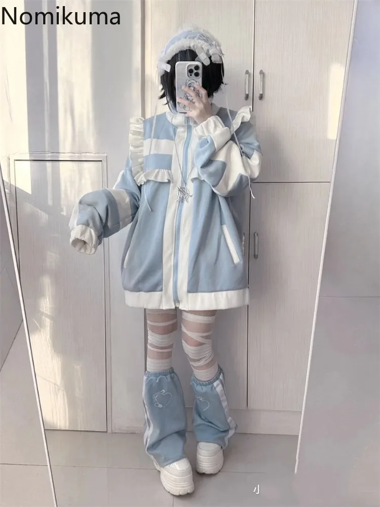 Manteau japonais pour femmes, Patchwork, manches longues, vêtements d'extérieur surdimensionnés, hauts Y2k, Style Preppy, décontracté, mode, volants, vestes Lolita Y2k