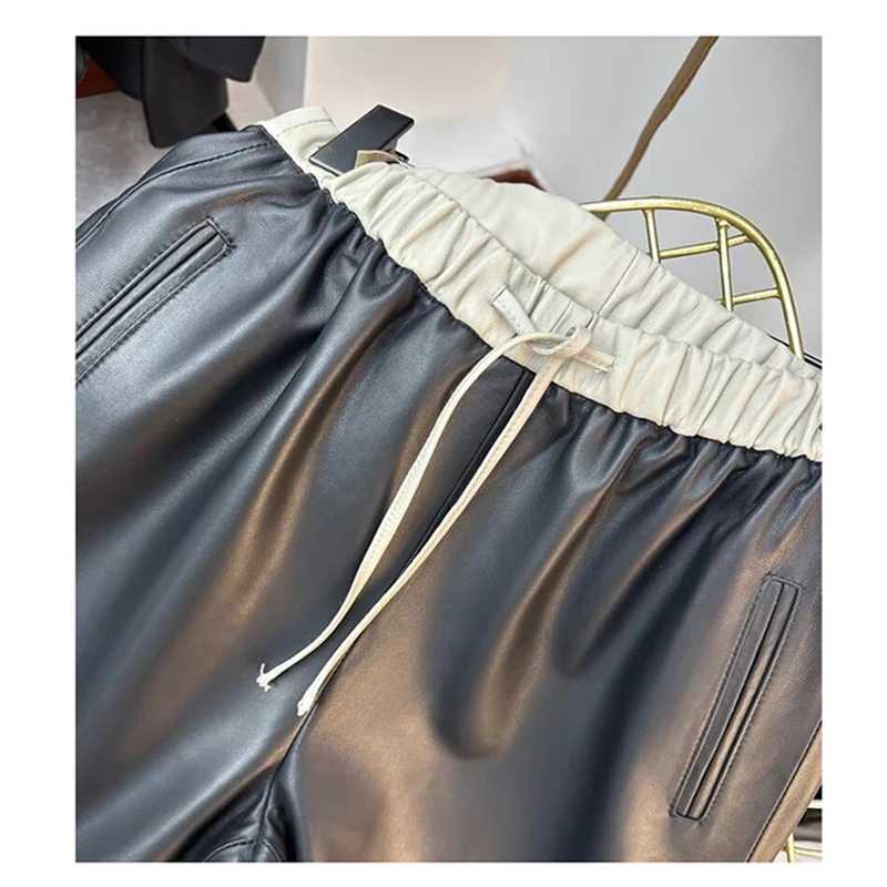 Pantalon classique en cuir véritable pour femme, droit, trempé de pipeline, plus grand, jambes longues, streetwear décontracté, taille élastique