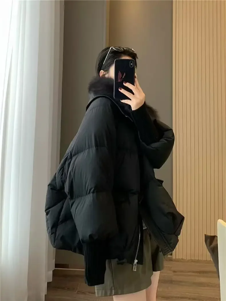 Femmes hiver nouveau col de fourrure bouffant vers le bas Parka ample vers le bas plus chaud épaissir veste de neige poche fermeture éclair fausse fourrure vêtements d'extérieur femme