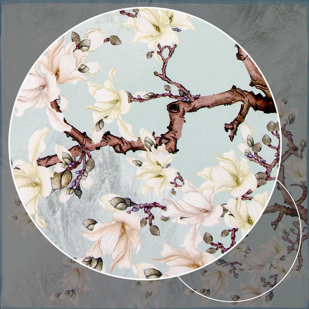 Foulard carré en soie naturelle premium 53 cm pour femme, imprimé fleur de magnolia et encre chinoise vert céladon, bandana, foulard de tête, écharpe de cou, écharpe pour femme
