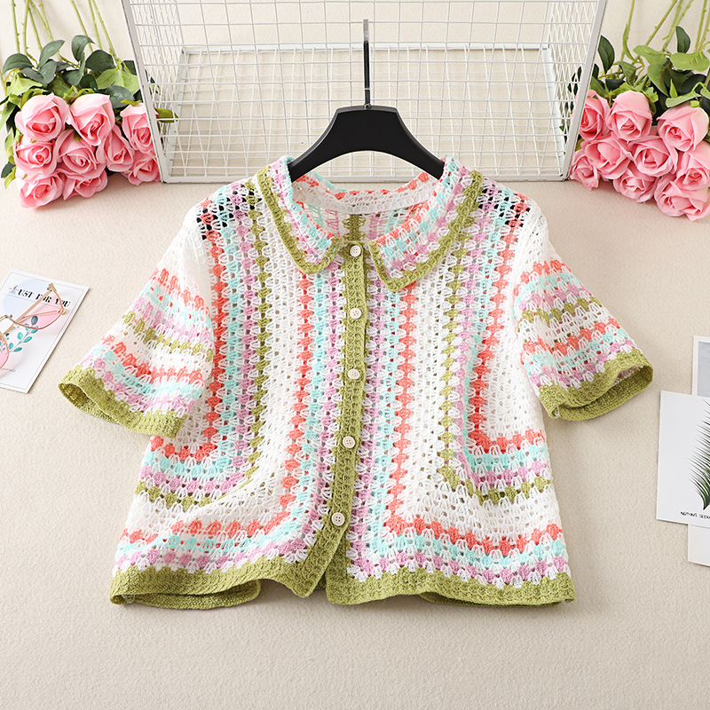 Chemise en crochet boutonnée pour femmes, manches courtes, chemisier coloré, tricot ouvert, cache-maillot, printemps été 2026, style bohème, festival