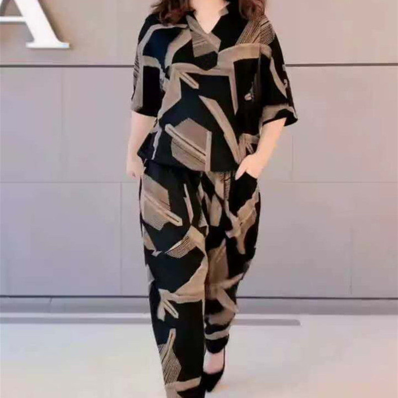 Costume femme 2025 été nouveau décontracté coréen ample imprimé hauts sarouel 2 pièces ensemble correspondant à la mode grande taille vêtements pour les femmes