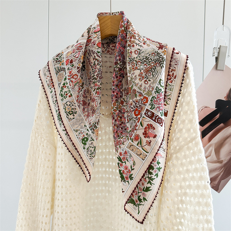 Foulard carré 100% soie de mûrier crêpe de Chine, vintage, imprimé floral, bordure en dentelle, polyvalent, pour femme