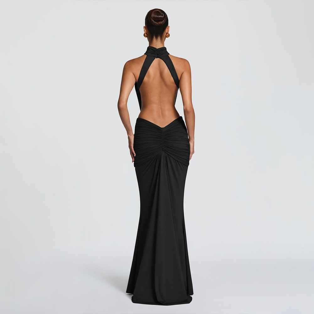 Robe longue élégante marron moulante et sexy pour femme, col roulé de luxe, dos nu, noire, pour soirée, robe moulante d'été
