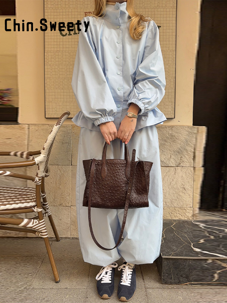 Ensemble décontracté pour femme : veste fine à col montant et volants, pantalon ample à nouer aux chevilles – Collection Automne 2026