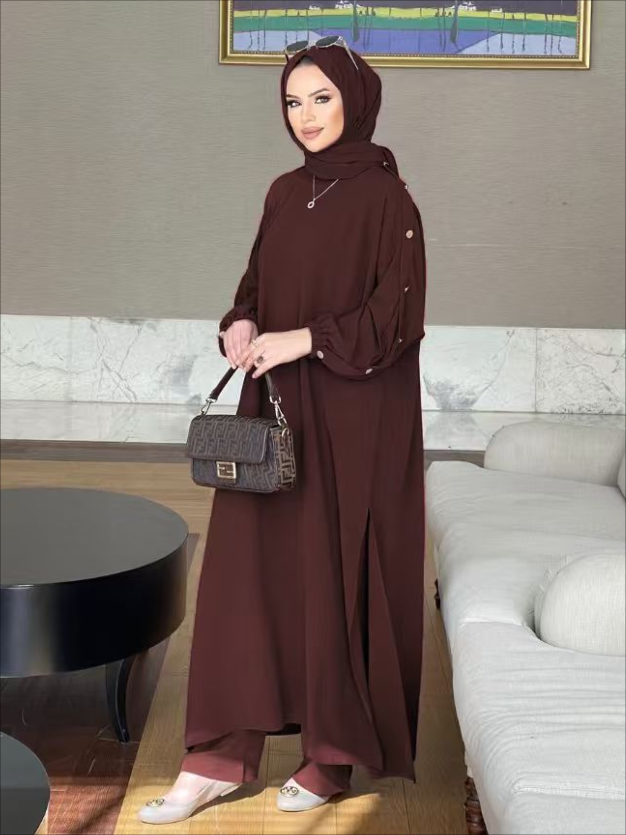 Robe musulmane pour femme, ensemble 2 pièces, chemisier, manches longues, chemise Abaya, pantalon large, olympiques arabes, robes de Dubaï, ensembles musulmans