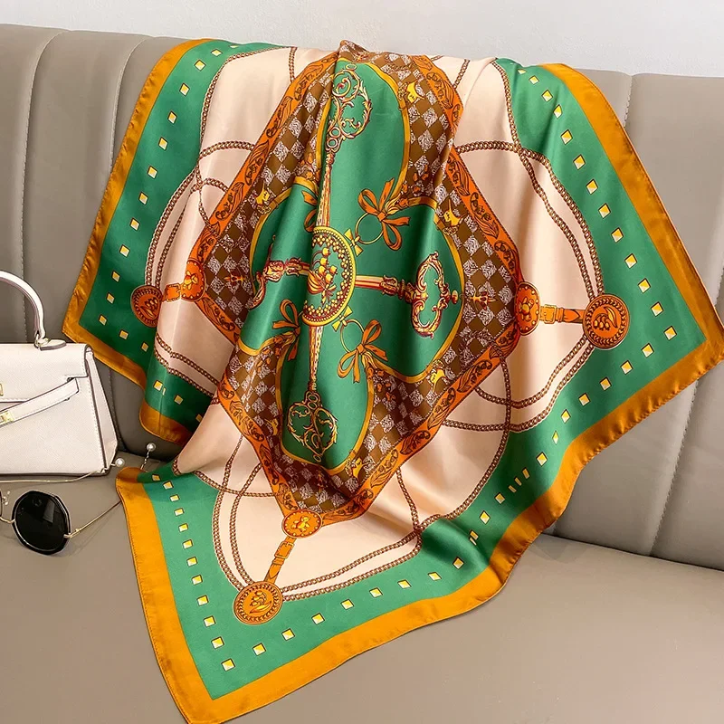 Foulard carré à carreaux en soie pour femmes, marque de luxe, Satin, cravate pour cheveux, bande de travail douce, nouvelle tête Hijab, 2021