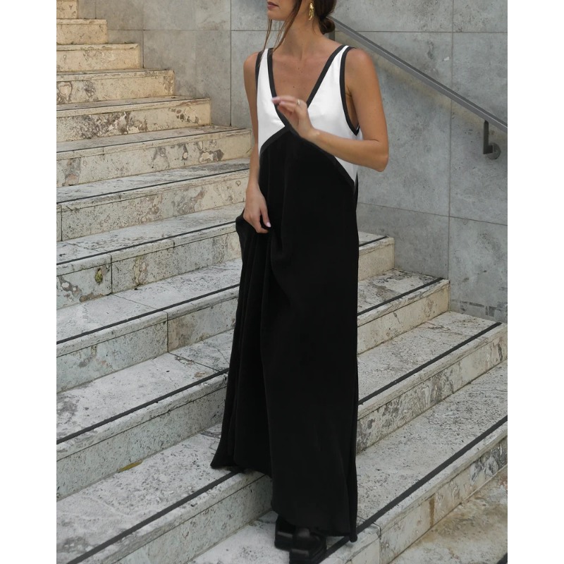 Robe femme mode col en v sans manches couleur bloquée grand groupe affichage printemps et été nouveaux produits
