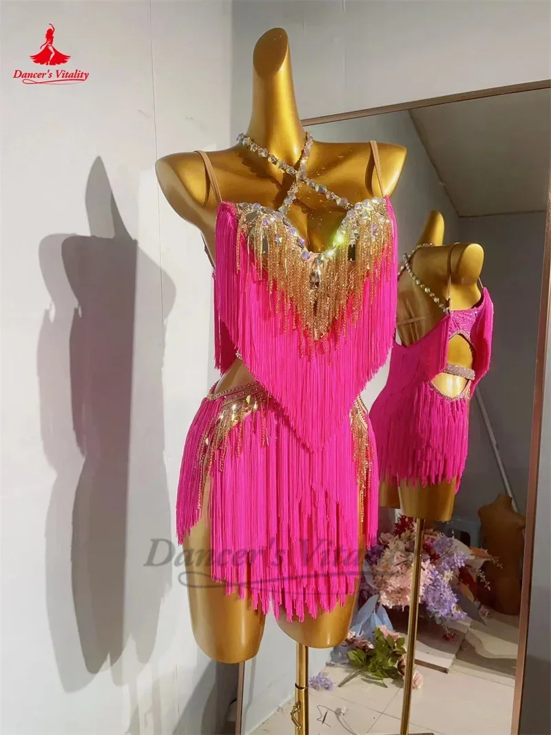 Robe de danse latine à franges pour femmes, vêtements de Performance personnalisés avec pierres AB, Tango Chacha, robes professionnelles de danse latine