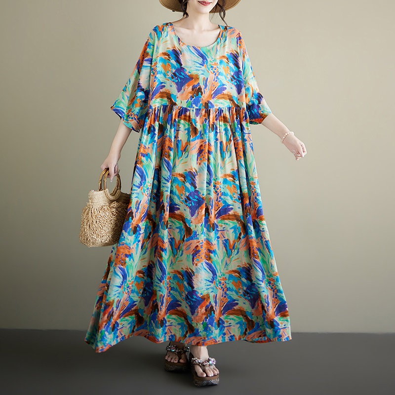 Nouvelle robe longue d'été décontractée et ample à manches courtes en coton vintage à motif floral pour femme, vêtement élégant 2026