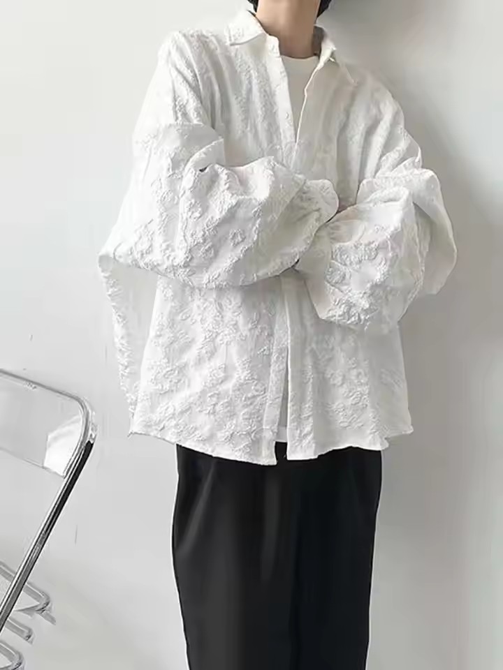 Chemise Jacquard froissée blanche 3XL pour hommes, ample, mode, solide, décontractée, col rabattu, nouveau chemisier à manches longues assorti avec tout
