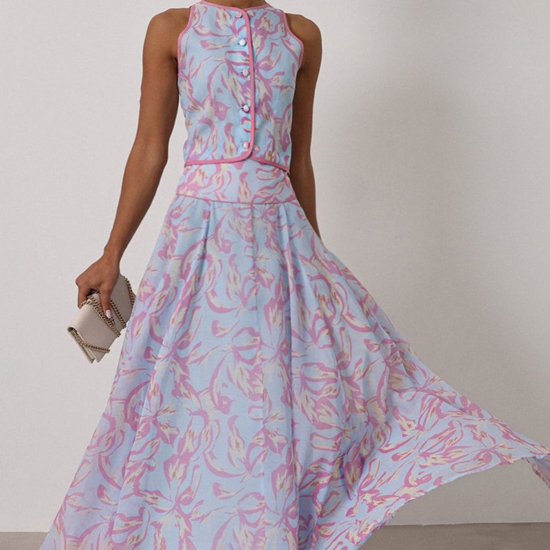 Nouvel ensemble bohème d'été sans manches, imprimé tendance, élégant pour les fêtes, ensemble pour femmes, haut à col rond boutonné et jupe longue
