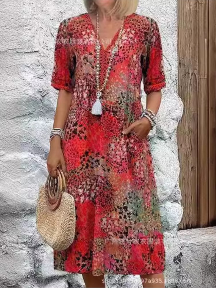 Robes vintage mi-longues à dentelle pour femmes, style bohème moderne, imprimé floral, robe longue décontractée à manches courtes et col en V, robe femme