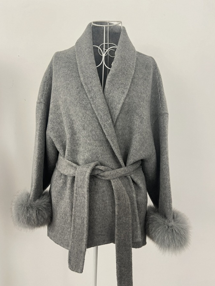 Manteau en laine double face pour femme, mélange de laine, long, élégant, ceinturé, chaud pour l'hiver, pour le bureau, en fourrure naturelle, vêtement d'extérieur