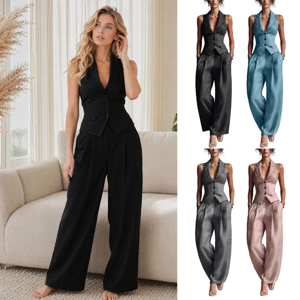 Ensemble deux pièces pour femme, tenue d'été, gilet boutonné et pantalon large, ensemble assorti, vêtements de travail professionnels