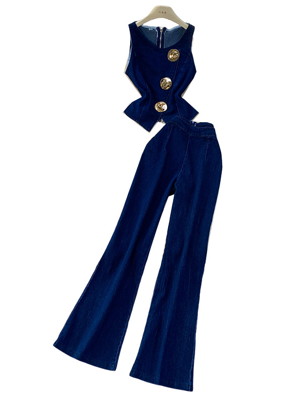 Ensembles 2 Pièces en Jean pour Femme : Gilet Sans Manches et Pantalon Large en Jean Délavé, Style Streetwear Vintage, Tenue d'Été