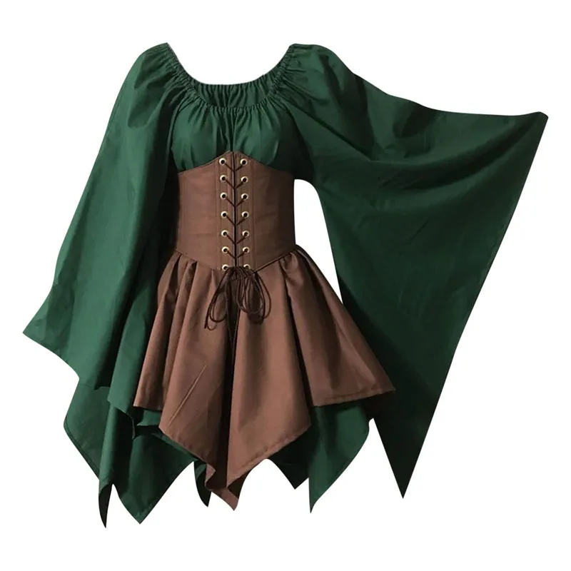Costume médiéval européen pour femmes, Corset à manches évasées, surjupe, protection des elfes, robe fantaisie irlandaise, 2-P