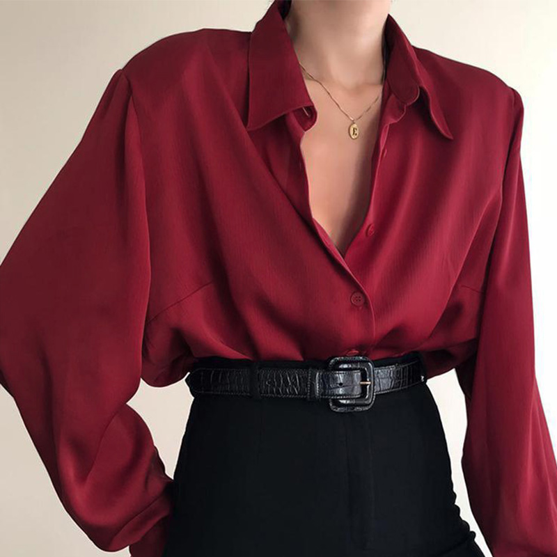 Chemises boutonnées à col rabattu pour femmes, chemisiers décontractés à manches longues pour femmes de bureau, chemise baggy pour avocat, rouge vin et noir